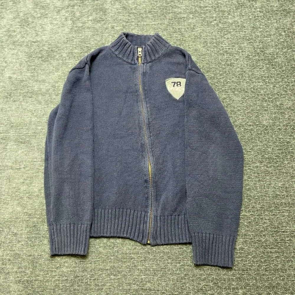 Gymboree Sweater Boys Large 10-12 Navy Blue Mock Neck Ribbed Hem Winter Full Zip
